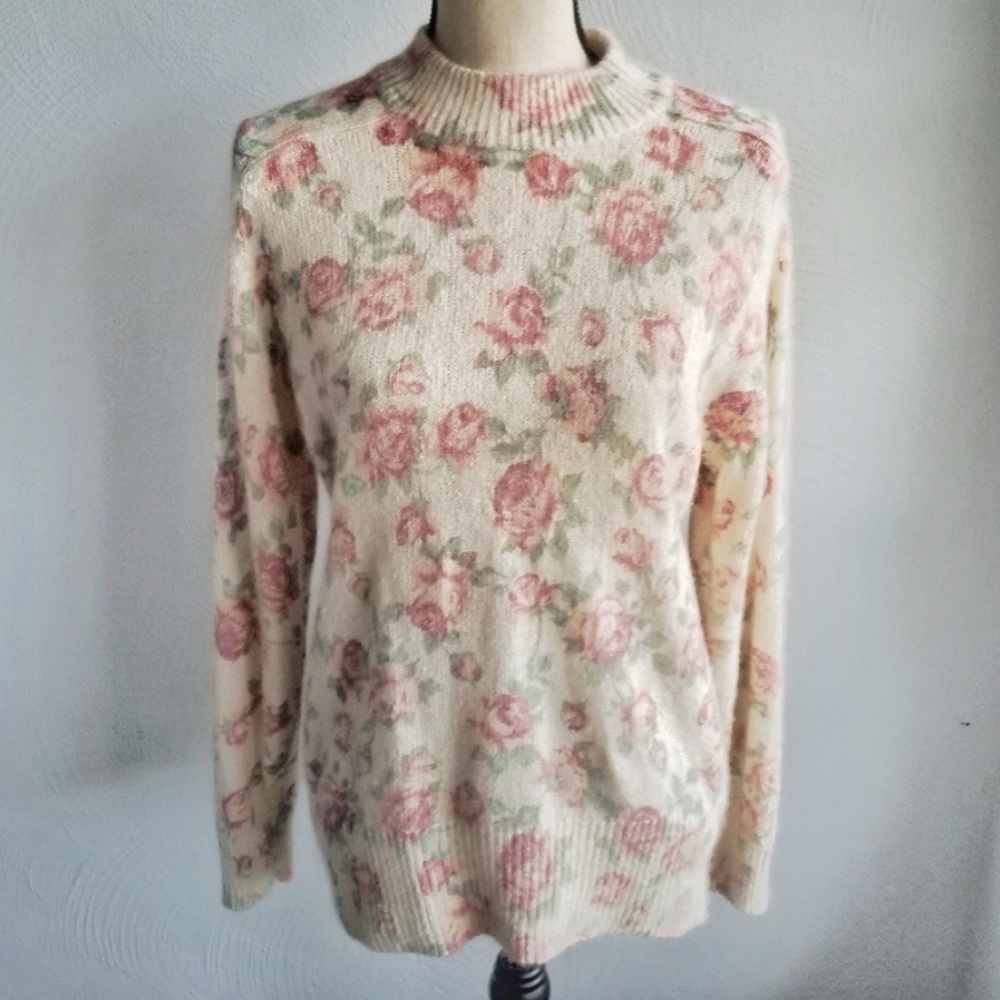 Vintage Silk Angora Wool Rose Printed Premier Moda Sweater Cozy Cottage Granny